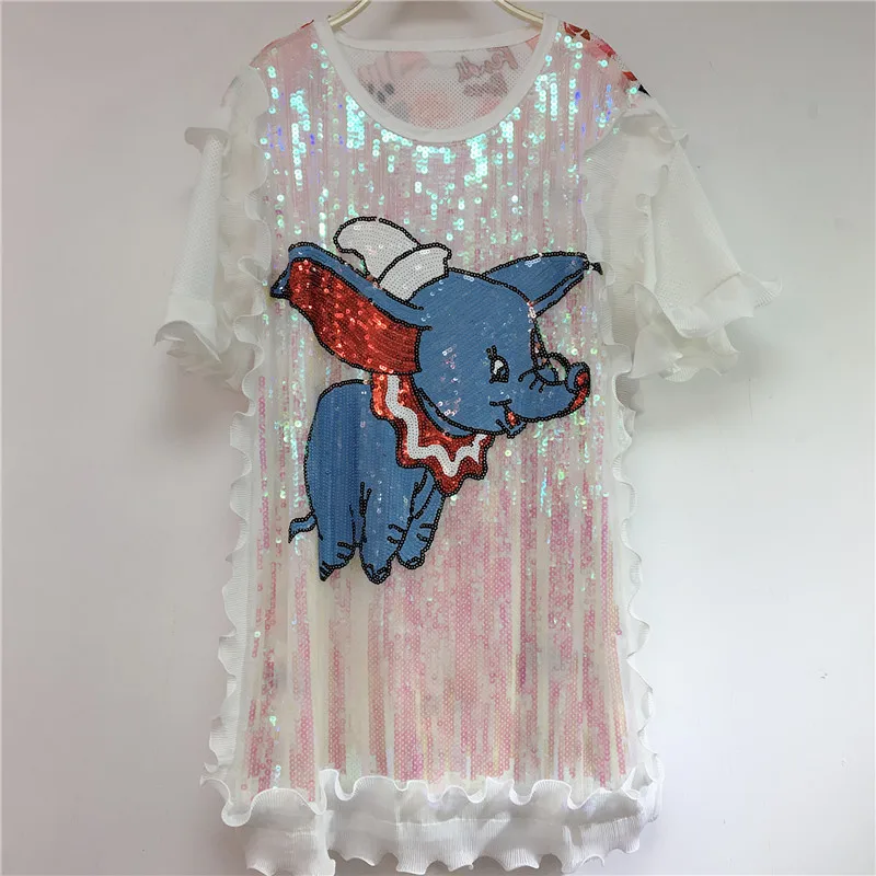 new cartoon sequins ruffled long loose short-sleeved T-shirt women