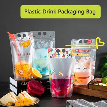 

50PCS Disposable Juice Coffee Liquid Bag Kitchen Vertical Zipper Seal Drink Bag Clear Drink Pouches With Straw Party Tableware