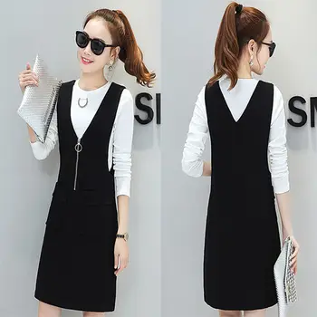 

Solid Color Long Sleeve 2 Piece Sets For Women Fashion Wild White Tops And V-neck Pocket Vest Dress Suit