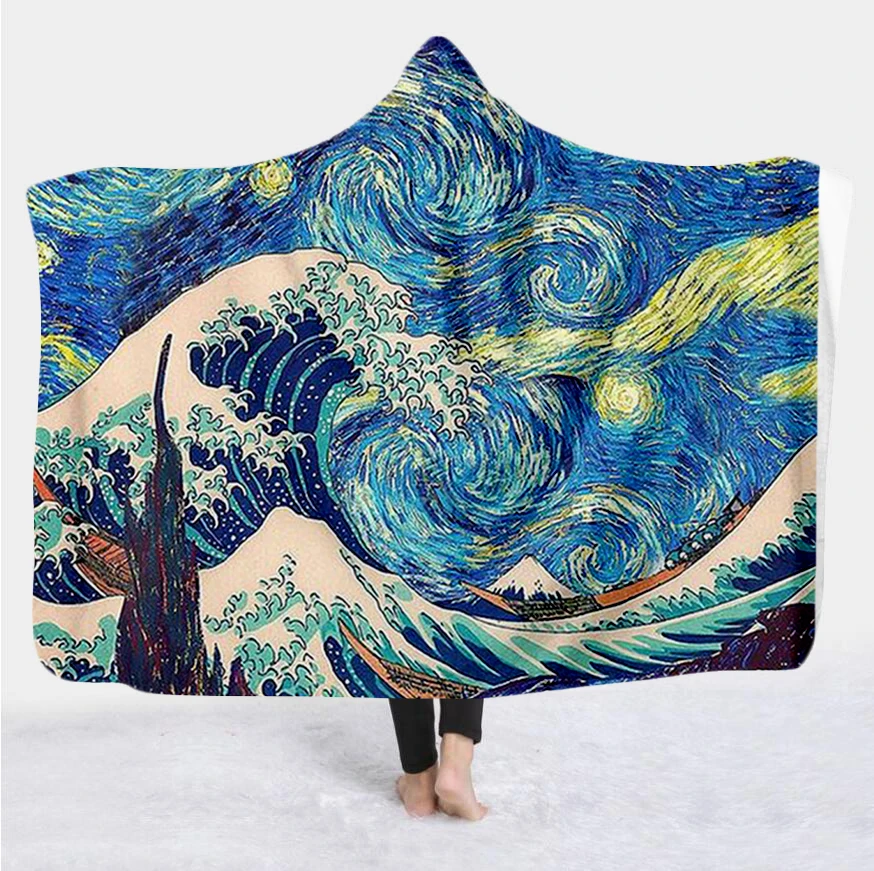 Japanese Famous The Great Wave 3D Printing Throw Hooded Blanket