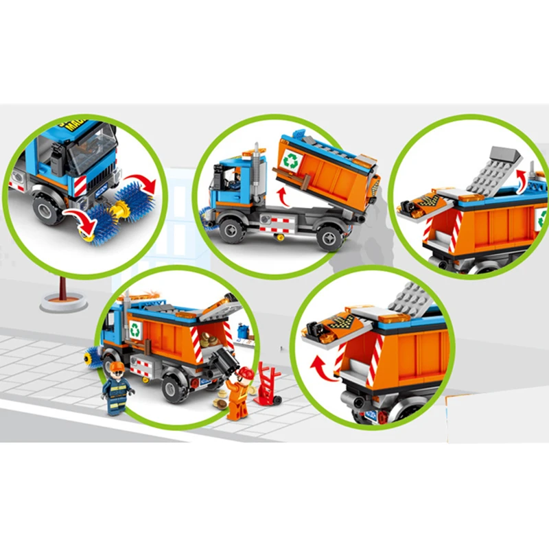 New City Construction Vehicles Sweeper Cleaning Car Garbage Truck Building Blocks Sets Kits Kids Bricks Toys Compatible