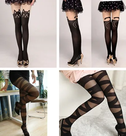 Cartoon Tights Pantyhose Women Sexy Stockings Cat Pattern Print Cross Strap Spring Autumn Medias Pantis Woman Collant Femme
