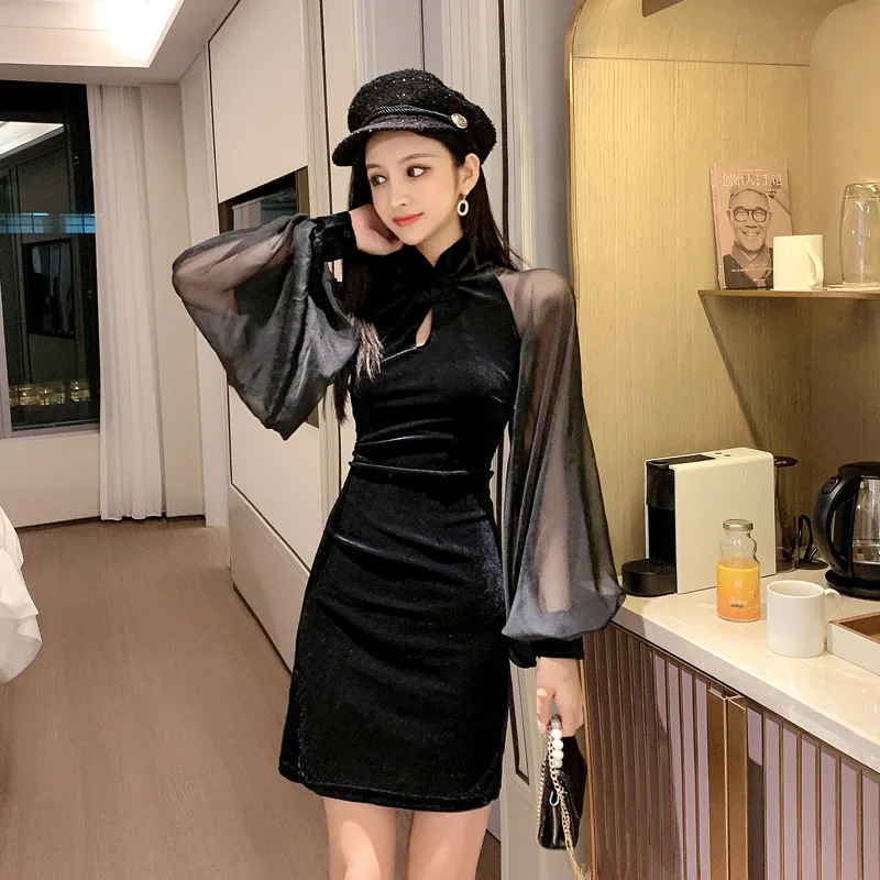 

Chiffon Velvet Lantern Sleeve Improved Cheongsam Slit Lantern Sleeve-High-waisted Short Dress Cheongsam Women's