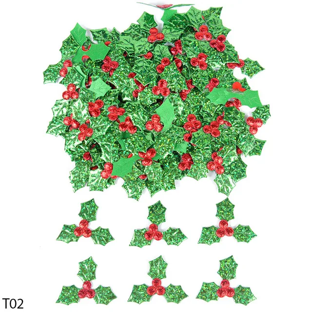 100Pcs Glitter Green Holly Leaf Red Berry Christmas Ornaments Artificial Holly Leaves For Xmas New Year Party Decor DIY Crafts T02