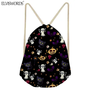 

ELVISWORDS Halloween Ghost Black Cat Bat Printing Drawstring Bags Fashion Rucksack For Women Men Kids Travel Shoulder Softpack