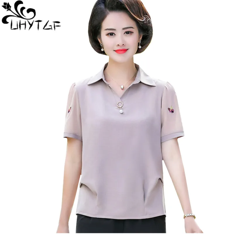 

UHYTGF TShirt Women fashion Chiffon summer t-shirt women clothes solid color wild loose 4XL Big size shirt pullover thin top 878