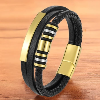 

Trendy Fashion Rope Bradied Charms Black Leather Men Bralcelets Gold Magnet Stainless Steel Accessories Jewelry Bangles Male