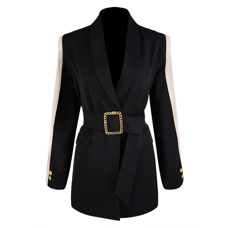 HarleyFashion/потрясающий дизайн, женские модные длинные куртки, лоскутный тонкий черный блейзер с длинным рукавом и поясом