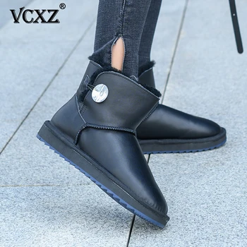

VCXZ 2020 New Waterproof Cowhide Leather warm Shearling Fur Lined Winter Boots Women Rhinestones fashion high quality Snow Boots