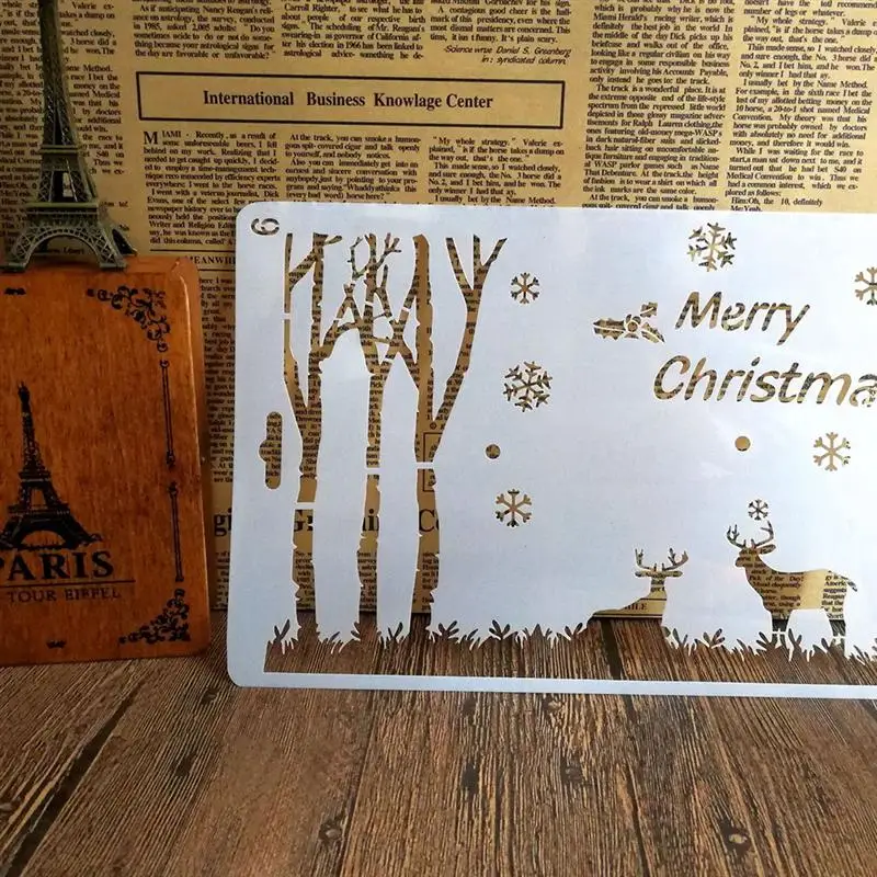 10pcs Christmas Painting Stencils Hollow Reusable Christmas Themes Snowflake Elk Christmas Tree Banner Drawing Templates
