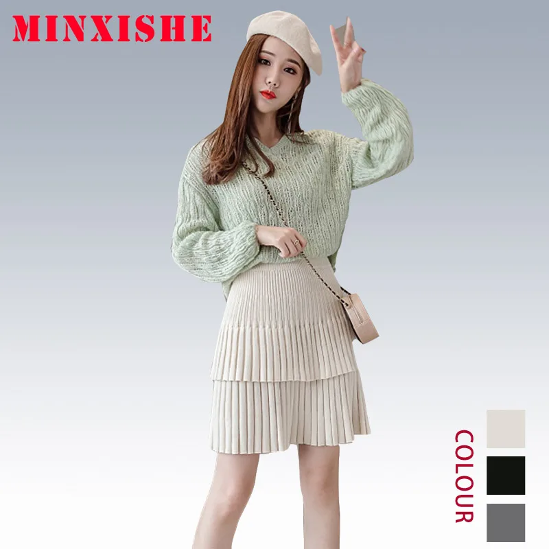 

2 two piece set womens clothes 2019 Knitted Sweater pleated short mini top and skirt autumn 2 two piece sets outfits for women
