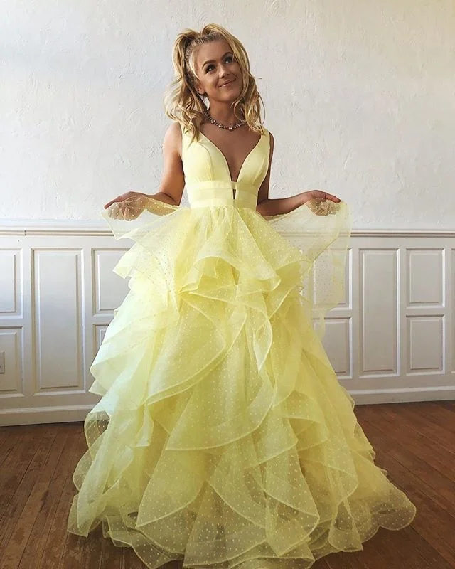Цвет: желтый Vestido de fiesta, платья для выпускного вечера на заказ, новинка, глубокий v-образный вырез, юбка с оборками, тюль, 16, милые вечерние платья для девочек - Цвет: Цвет: желтый