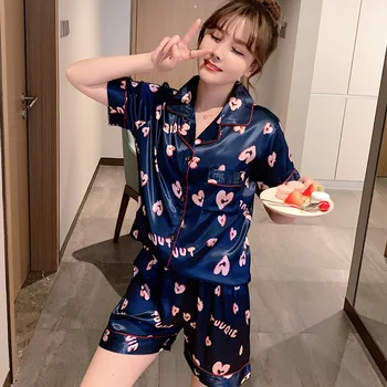 

Foply Women Pyjamas Set New Lazy Style Nightwear Short Sleeve Pajamas Silk Set 2Pcs Set Women Sleepwear for Short Pant Homewear