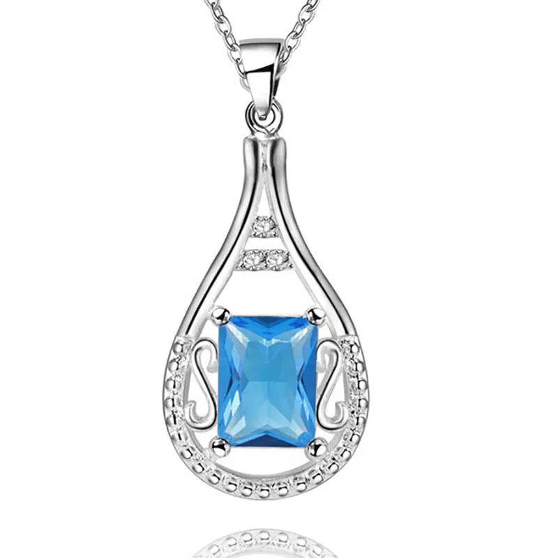 blue Bague Ringen, цветные драгоценные камни, подвеска в форме капли воды, ожерелье, серебро 925, ювелирные изделия для женщин, аквамарин, рубин, изумруд, вечерние - Цвет камня: blue