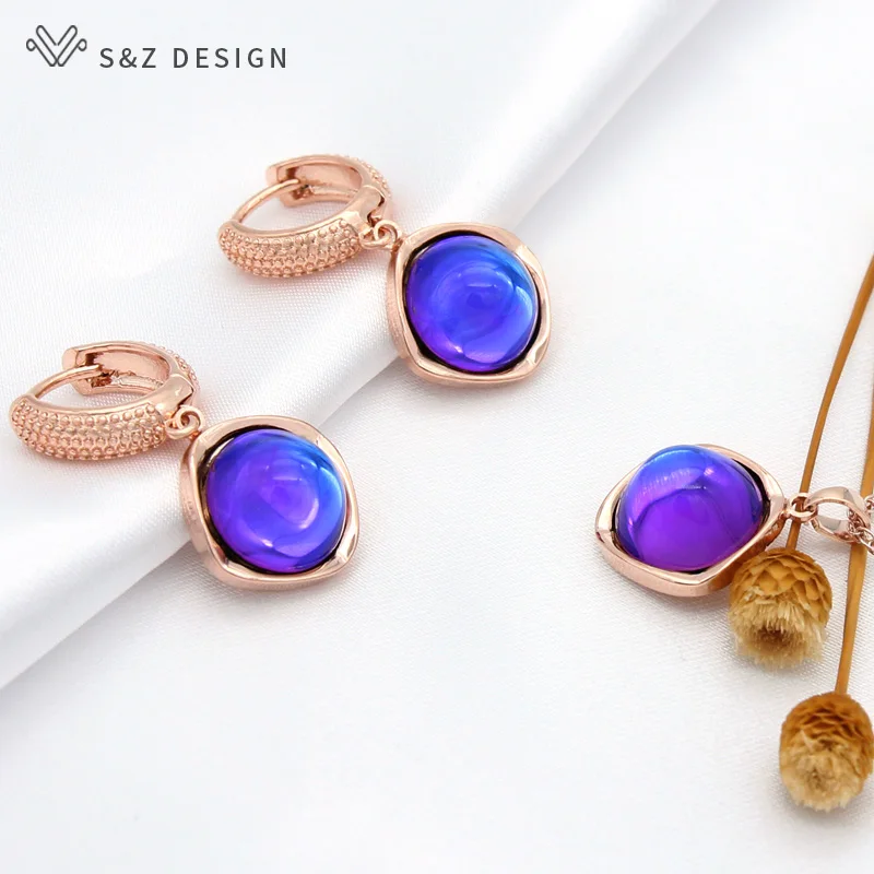 S&Z DESIGN Elegant Round Colorful Crystal Dangle Earrings Jewelry Sets For Women Girls Wedding Party Fashion Pendant Necklace