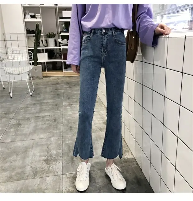 Women Hight Waisted Wide Leg Jeans Summer Autumn Stretch Slim Ankle Length Button Pockets Denim Flare Pants Plus Size