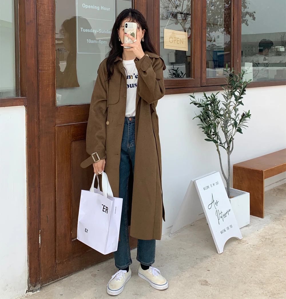 New Fashion Woolen Coat Women Double Breasted With Belt Solid Long Overcoat Female High Street Loose Causal F274