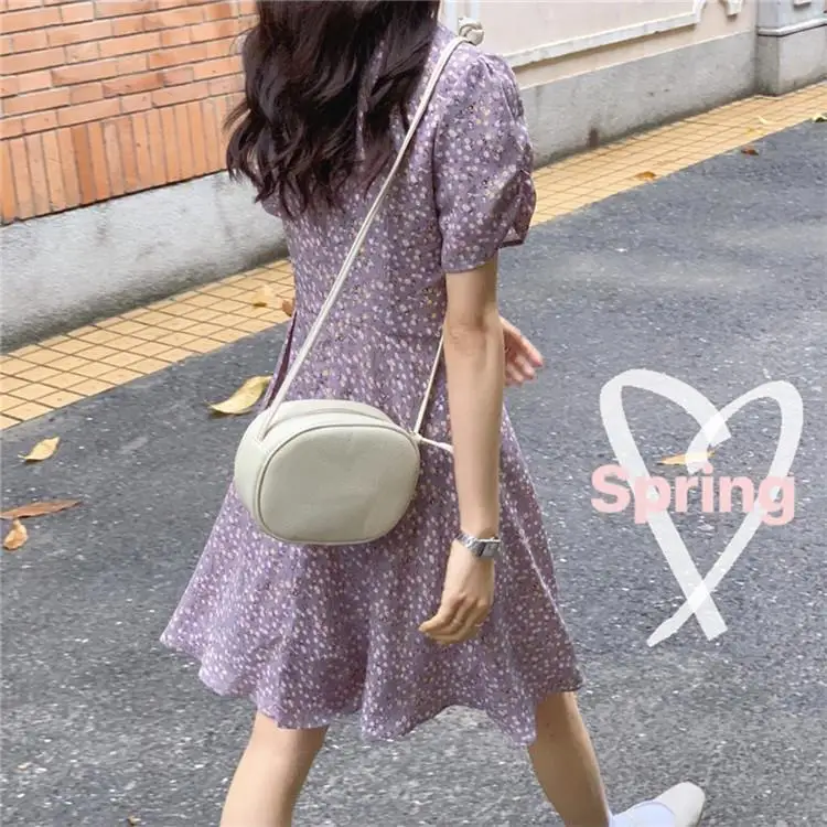 Dress Women Summer Purple High Waist Midi Elegant Floral Sweet V-neck Short Sleeve Slim Trendy Casual Daily Female Ruffled Chic