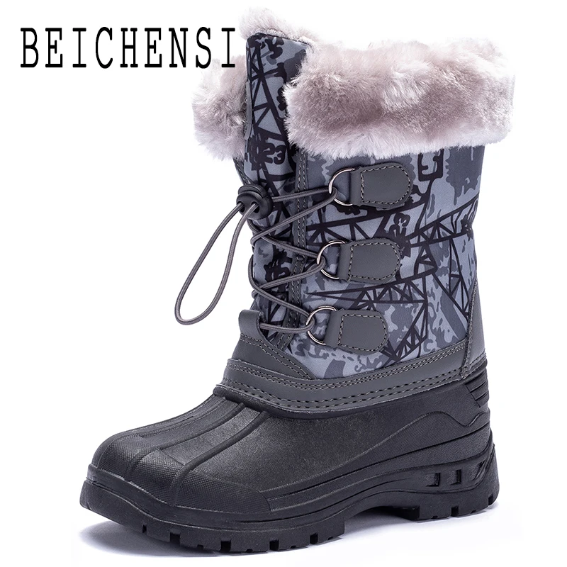 Kid's Hiking Boots Faux Fur Rubber Duck Snow Boots Childre Waterproof Warm Fur Lined Outdoor Shoes for Boys Big Kids