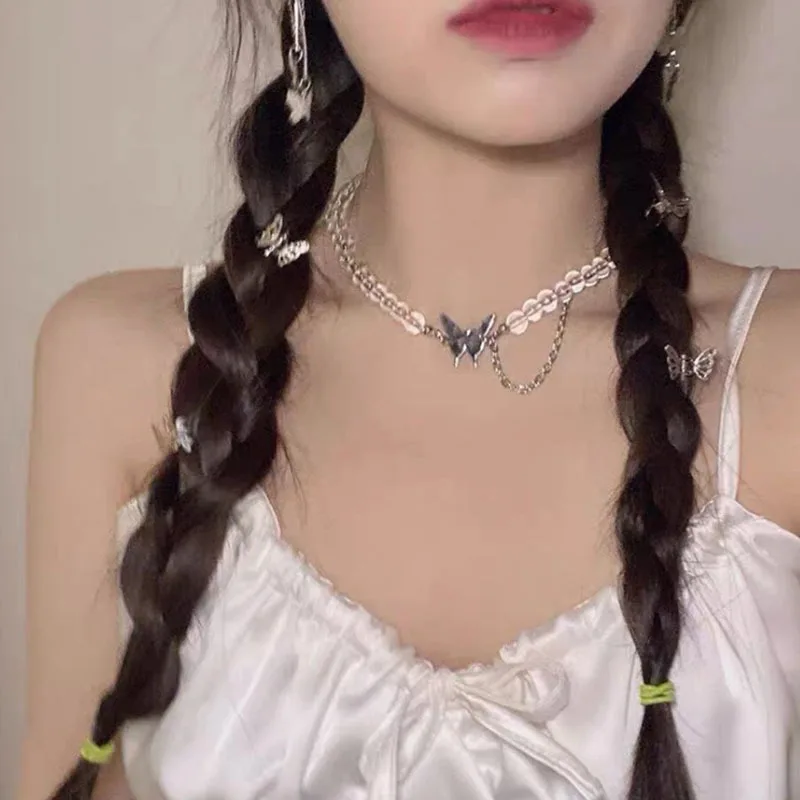 Kpop Metal Butterfly Pendant Short Transparent Crystal Beaded Choker Clavicle Chain Necklace For Egirl Summer Aesthetic Jewelry | Украшения