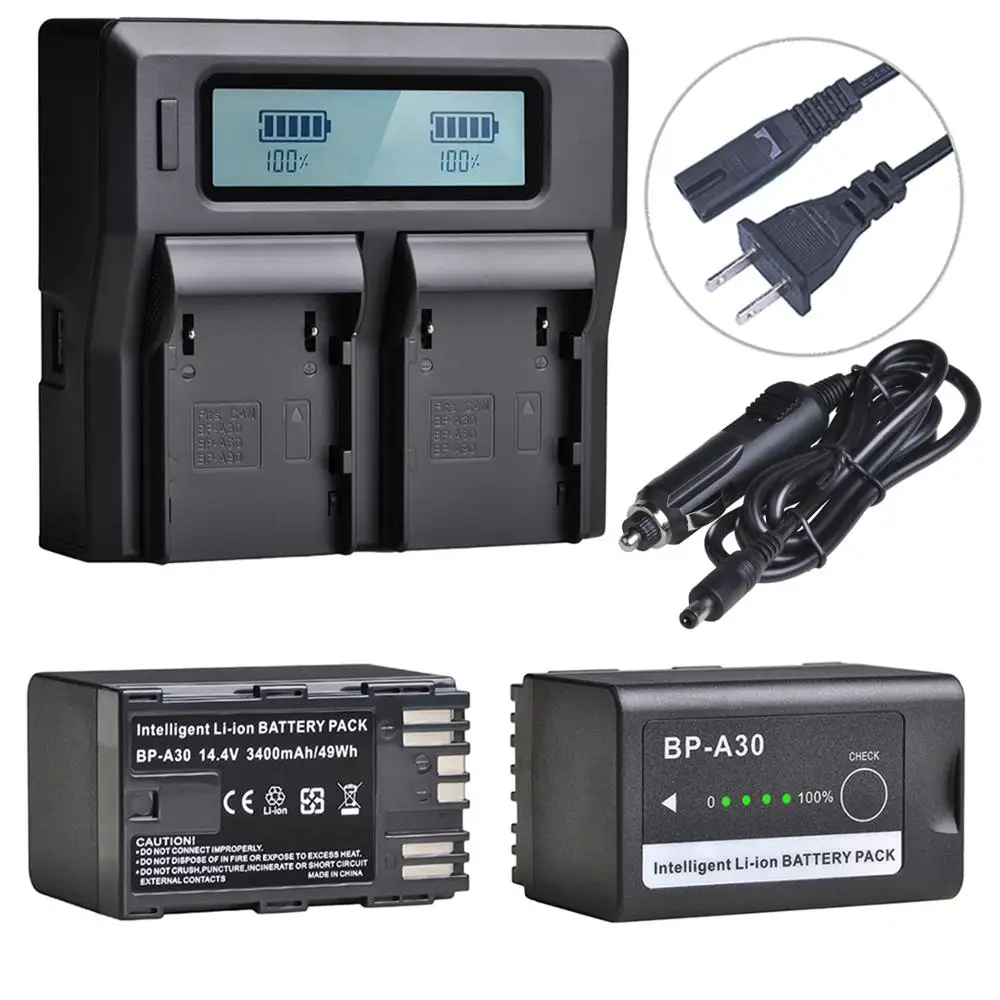 2Pcs 6800mAh BP-A60 BP A60 Battery + LCD Dual Charger for Canon CA-CP200L, EOS C200, C200 PL, C200B, C300 Mark II, XF705 