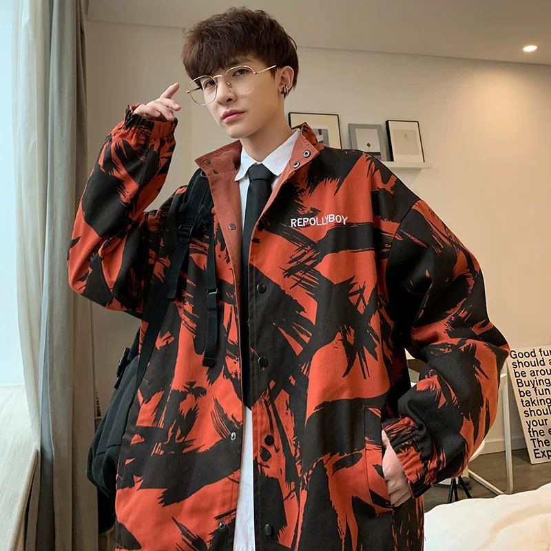 

2020 autumn Both Sides Clothes Men Neutral windbreaker Printing Cotton bomber Jacket Loose Coat hip hop Large size Striped