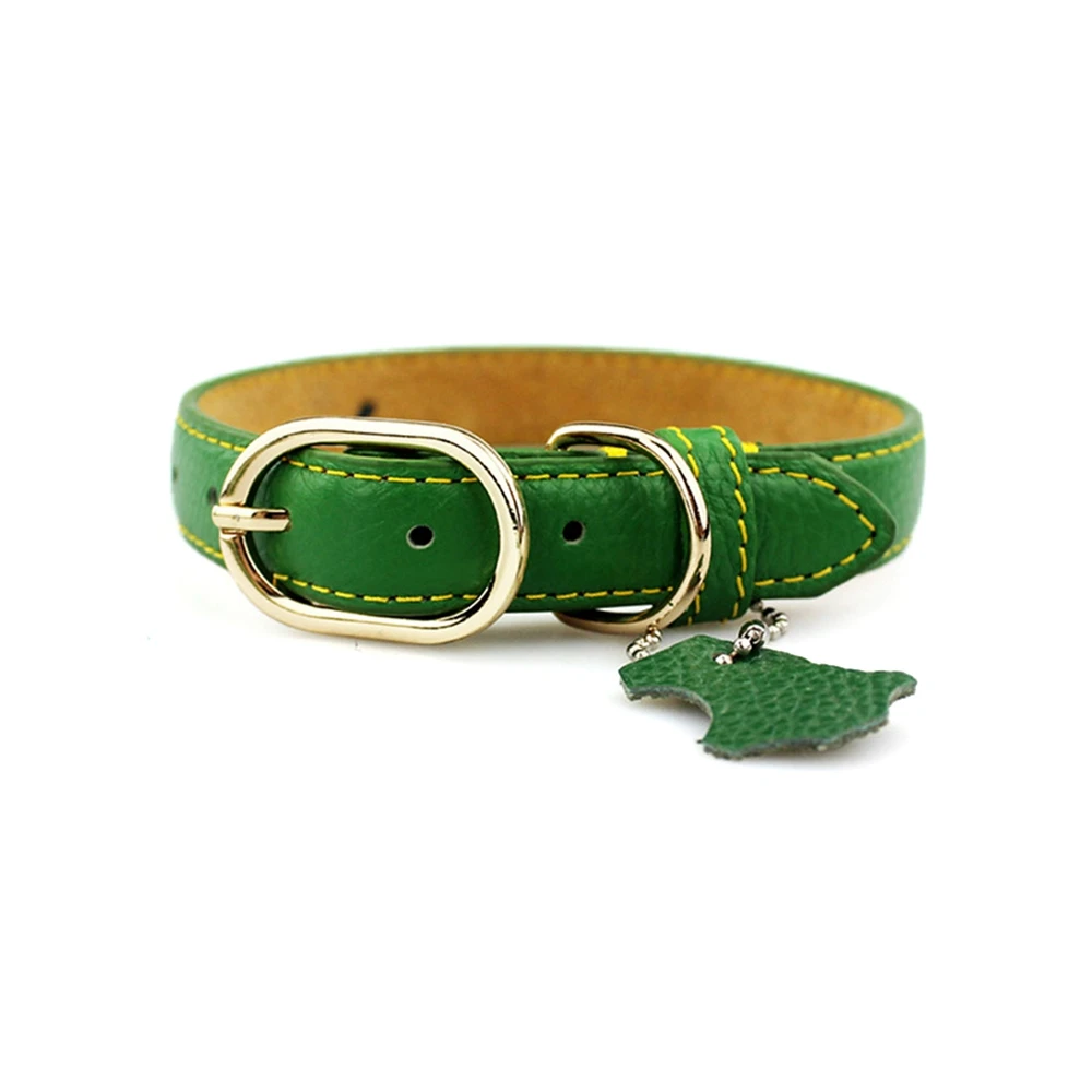 green golden matel Genuine Leather Dog Collar Personalized Collars For Large Small Dog Pet Solid Collar For Cat Puppy Dog Leash Harness Pet Product - Цвет: green golden matel