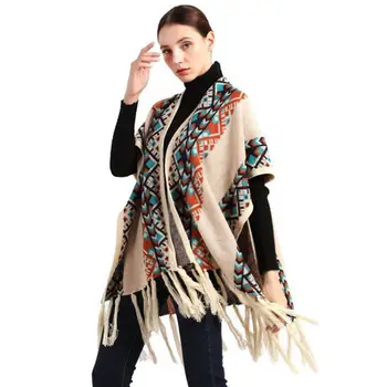 

Ethnic Style Oversized Poncho Blanket Geometric Stripes Contrast Color Cardigan Sweater Womens Winter Tassels Shawl Wrap Scarf