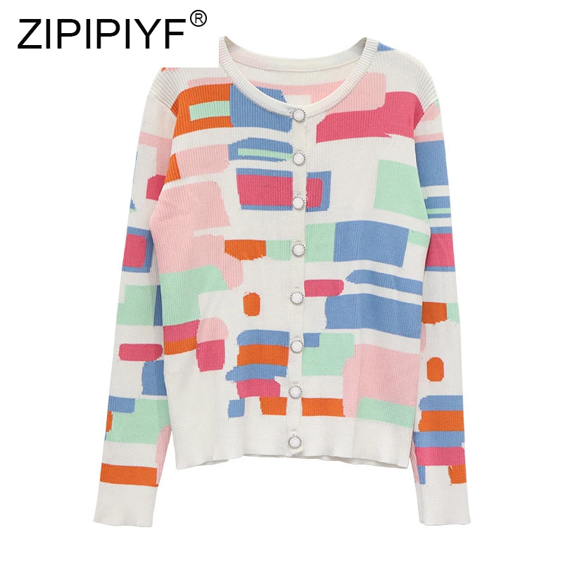 

2019 New Geometric Pattern Color Printed Knitted Cardigans Elegant Women Slim Single Breasted Sweater C2075