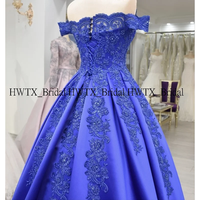 HWTX_Bridal Бальные платья с вырезом лодочкой, Королевский синий цвет, с открытыми плечами, с аппликацией из бисера, атласное бургундское бальное платье, милое 16 платье для выпускного вечера