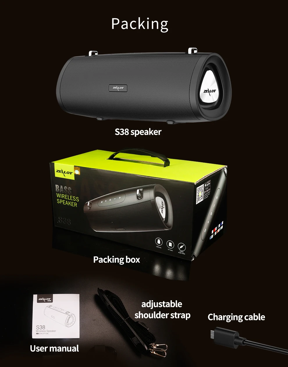 ZEALOT S38 Hifi Portable Speaker Bluetooth Subwoofer Boombox Wireless Speaker+Shoulder Strap Support TWS, TF, USB Flash Drive ZEALOT S38 Hifi Portable Speaker Bluetooth Subwoofer Boombox Wireless Speaker+Shoulder Strap Support TWS, TF, USB Flash Drive