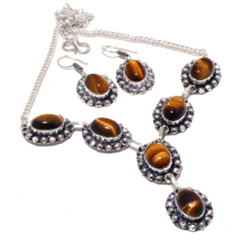 

Tiger Eye Necklace + Earings Silver Overlay over Copper, 47 cm , N4233