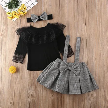 

1-6Y Toddler Kid Girl Baby Clothes Set Black Long Sleeve Lace T shirt Tops + Plaid Ruffles Skirts Overalls Spring Girl Costumes