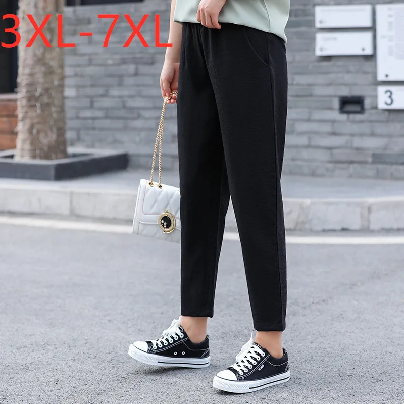New 2020 summer plus size pencil pants for women large loose casual black pocket cotton linen long trousers 3XL 4XL 5XL 6XL 7XL