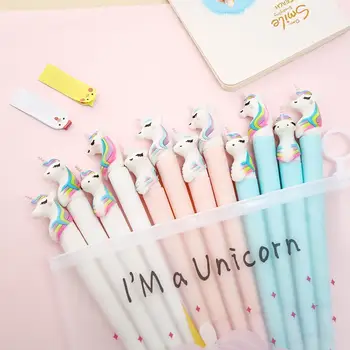 

12pcs Rainbow Unicorn Gel Pen Korean Kawaii Girls Rubber Cartoon Cute Creative Writting Ink Pens for School Office Stationary
