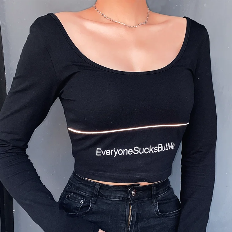 

Gothic Black Women O-Neck Long Sleeve Splice Reflective Strip Letter Print Crop Tops Goth Streetwear Female Dark Bodycon T-shirt