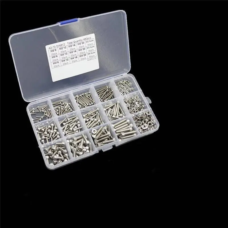 480pcs M2 M3//M4 304 Stainless Steel Hex Socket Head Cap Screws Nut Kit Set+Box