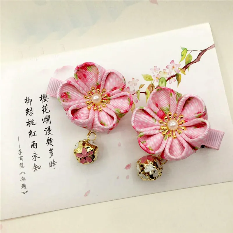 2 шт. Maru-tsuami Kanzashi цветок для детей красный розовый колокольчик традиционный японский стиль кимоно аксессуар заколка Гейша HW044 - Цвет: Розовый