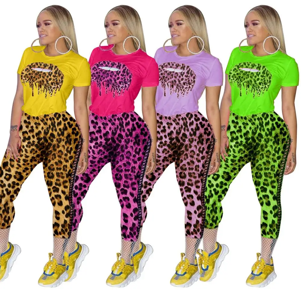 

Leopard Printed Sexy Women Short Sleeves T-shirt + Lace up Pants Mid Calf Two-piece Outfit Fashionable Party Ciub Suits