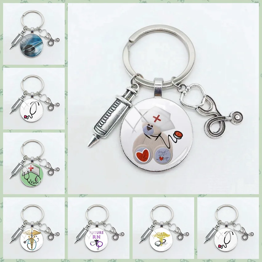 

Teacher brother beauty keychain hospital nurse medical stethoscope and syringe keychain stethoscope pattern key ring