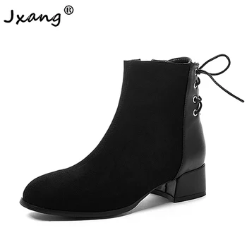 

JXANG 2020 new fashion wild zipper round head suede winter warm square head thickened high-heeled ladies handmade boots