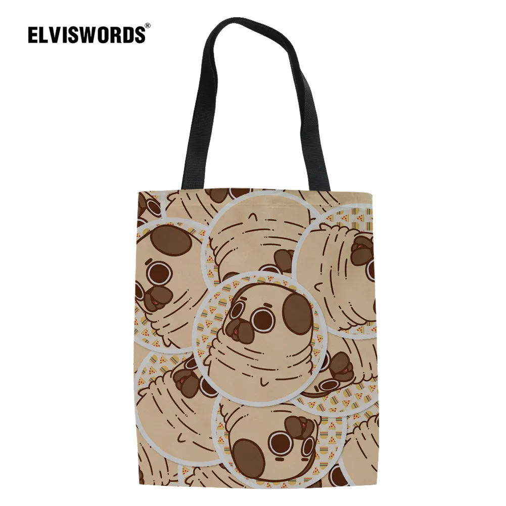 

ELVISWORDS Pug Tote Women Handbag Cute Pet Puppy Print Folding Messenger Bag Personality School Bag for Girls Summer Beach Bag