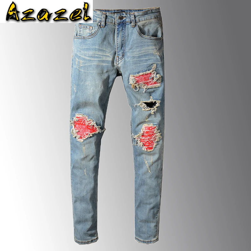 Мужские байкерские джинсы Azazel красные обтягивающие Стрейчевые в стиле пэчворк с