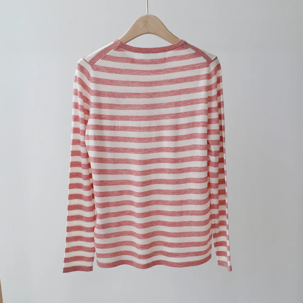Women Sweater 209 Autumn New Fine Imitation Superfine Wool Striped Contrast Color Sweater Female Round Neck Pullover Long Sleeve