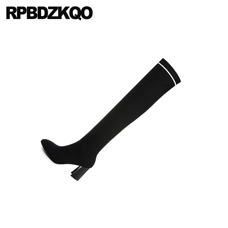 over the knee slim tall fur thick slip on black long knit chunky ladies women boots winter sock high heel round toe shoes