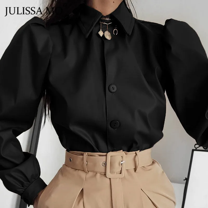 Julissa mo матовые из искусственной кожи рубашки с буфами на рукавах женские блузки коричневые винтажные рубашки с отложным воротником зимние повседневные женские топы - Цвет: Черный