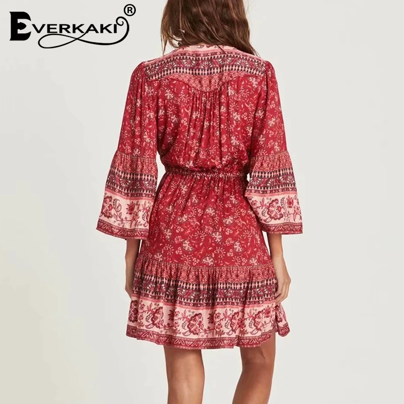 Everkaki мини-платье женское Бохо с принтом пояса регулируемая талия v-образный вырез женские вечерние осенние короткие женские платья женские Новинка