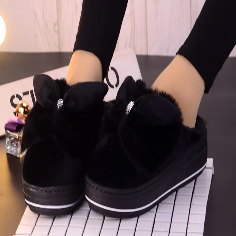 Fujin Winter Slippers Platform Warm Shoes Indoor for Women Bowtie Fashion Design Plush Creeper Moccasins Winter Shoes Women - Цвет: 9804 black