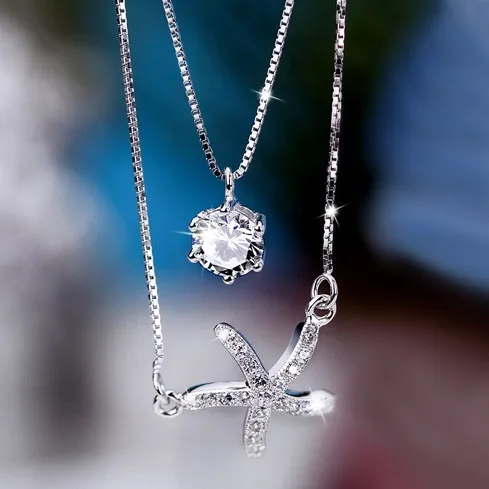 

925 Sterling Necklace Genuine Product Celebrity Big Brand-Double Layer Starfish Fine Silver Choker South Korea 7238