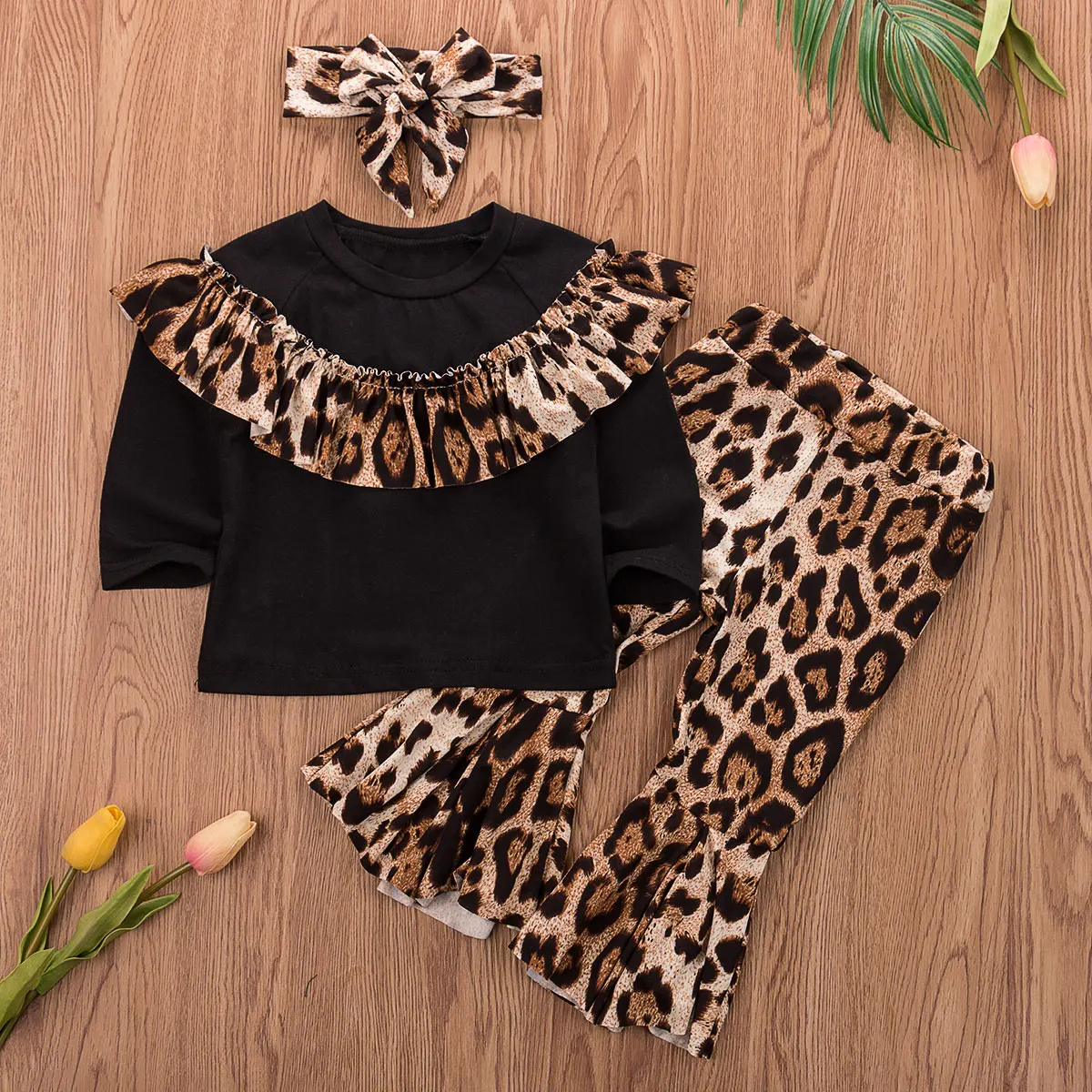Комплект модной детской одежды из 3 предметов для маленьких девочек; комбинезон с рюшами и леопардовым принтом; футболка+ брюки вечерние комплекты одежды для маленьких девочек